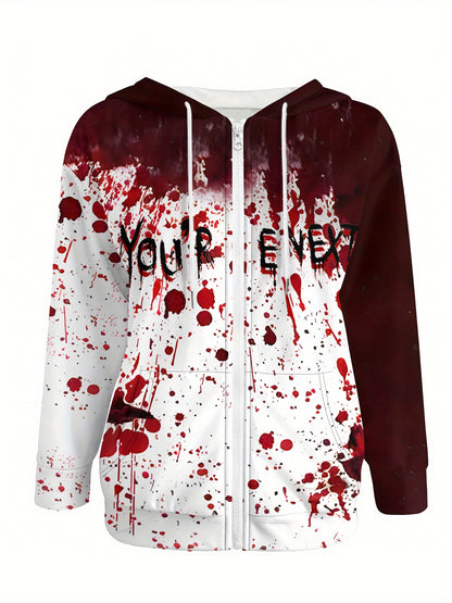 Women's Gothic Horror Jacket - Two-Tone Red Blood Splatter Hooded Zipper Coat, Halloween Costume Outerwear, Machine Washable Party Jacket for Themed Events & Casual Attire, Casual Streetwear, Edgy Fashion, Comfortable Fit, St