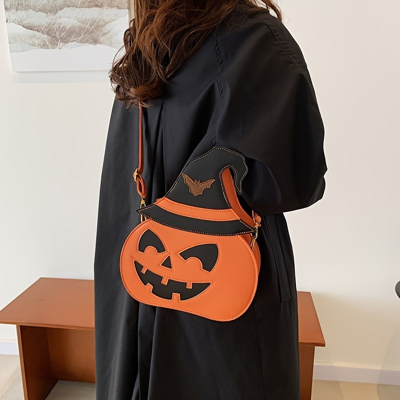 [Halloween Accessories] Halloween Pumpkin Crossbody Bag for Women - Large Capacity Synthetic Faux Leather Shoulder Purse with Adjustable Strap, Zipper Closure, and Festive Orange & Black Design, Halloween Accessories