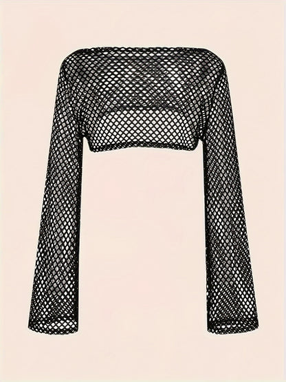 Y2K Fishnet Hollow Out Crop Sweater, Long Sleeve Solid Color Shrug Top For Summer & Spring, Women's Clothing
