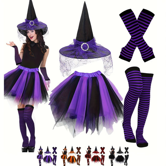 4pcs Halloween Witch Costume Set for Women Ladies Gothic Cosplay Witch Hat Striped Knee High High Over Knee Witch Stockings Arm Warmers Tutu Skirt Set for Women Halloween Witch Cosplay Party Favor Cosplay Costume Accessories