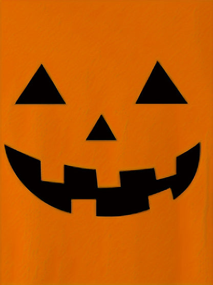 [Halloween Pumpkin Face T-Shirt] Plus Size Men's Halloween Pumpkin Face T-Shirt | Casual Crew Neck, Polyester & Spandex Blend, Slightly Stretchy Knit Fabric - Perfect for Spring/Summer/Fall, Ideal for Adults and Teens on the