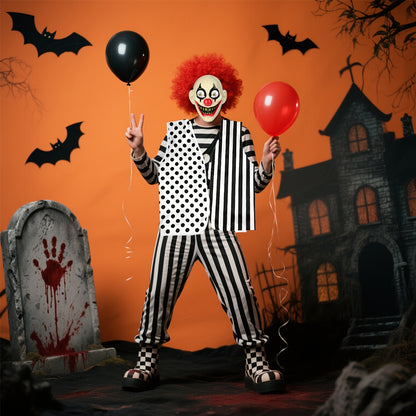 [6pcs Scary Clown Set] 6pcs Scary Clown Costume Accessories Set for Adult - Halloween Wig, Mask, Bloody Machete Prop, Gloves, Striped Vest & Shoes | Scary Circus Outfit Party Props