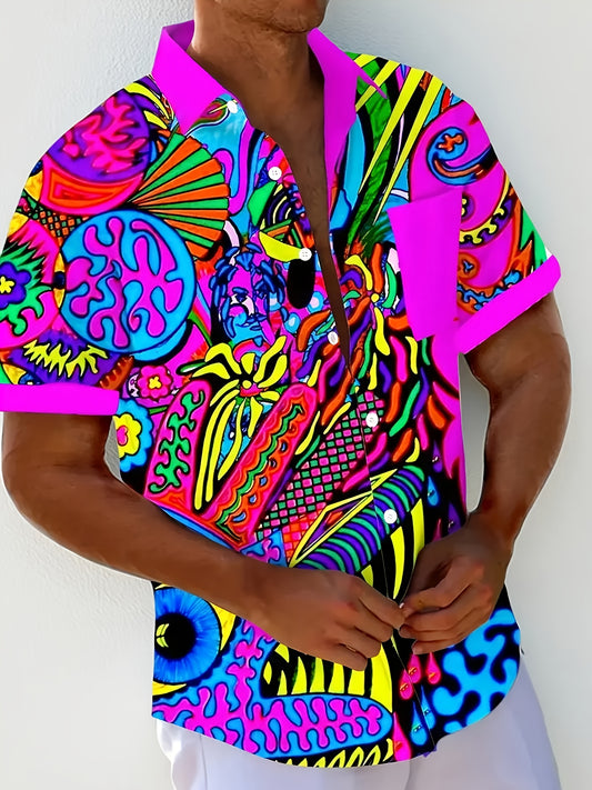 Men's Vintage Neon Abstract Shirt - Bold 3D Digital Print Button-Up Collar - Lightweight Polyester Formal & Casual Summer Shirt - Machine Washable Everyday & Evening Outfits, Smooth Texture Fabric