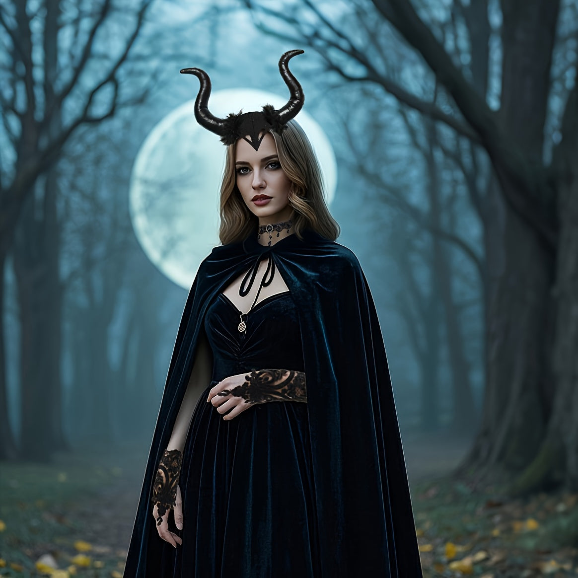 [Halloween Devil Costume Set] 5pcs Halloween Devil Costume Set | Black Witch Cape, Devil Horns Headband, Lace Fingerless Gloves, Gothic Queen Dress Up, Carnival Wizard Party Accessories