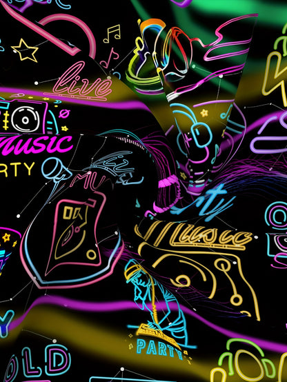Men's Casual Short Sleeve Hawaiian Shirt - Neon Music Party Graphic T-Shirt with DJ Turntable & Music Note Print, Vibrant Polyester Fabric for Summer Vacation, Club Nights & Casual Outings, Hawaiian Theme Party, Retro Graphic