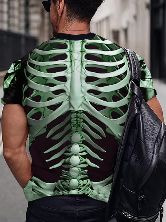 Men's Skeleton Print T-Shirt, Casual Polyester Short Sleeve Tee, Round Neck, Summer Fashion Top, Regular Fit, Halloween Themed, Knit Fabric