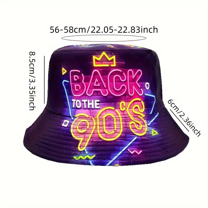 Back to the 80s 90s" Neon Cityscape Bucket Hat - Double-Sided Print, Lightweight & Stylish Fisherman'S Cap, Perfect for Parties & Beach Outings, Machine Washable, Vibrant Purple with Pink & Blue Neon Signs, City Car Design, I