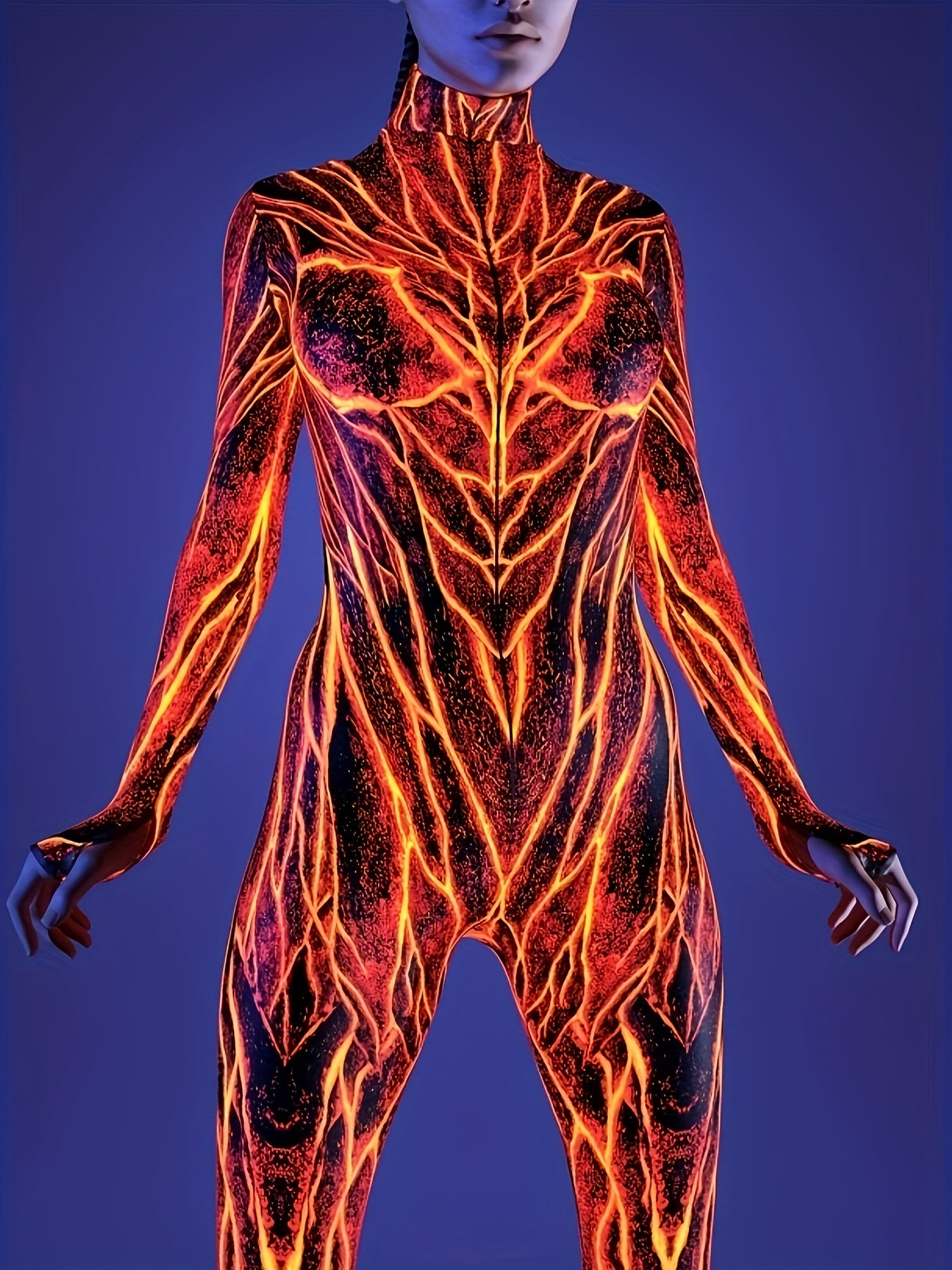 [Halloween] Women's Halloween Cosplay Costume 3D Flame Geometric Print Bodycon Jumpsuit Sexy, High Neck, Long Sleeve, Themed Party Dead Festival