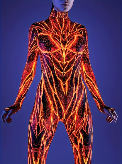 [Halloween] Women's Halloween Cosplay Costume 3D Flame Geometric Print Bodycon Jumpsuit Sexy, High Neck, Long Sleeve, Themed Party Dead Festival