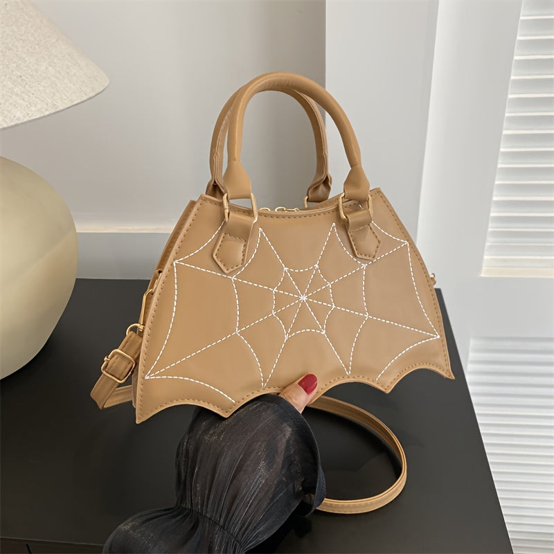 Halloween Women'S Bat Wing Spider Web Handbag - Lightweight Synthetic Faux Leather Tote with Geometric Spider Web Design, Zipper Closure & Detachable Strap, Gothic Style for Daily Use or Party Outfits, Durable Polyester Linin
