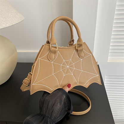 Halloween Women'S Bat Wing Spider Web Handbag - Lightweight Synthetic Faux Leather Tote with Geometric Spider Web Design, Zipper Closure & Detachable Strap, Gothic Style for Daily Use or Party Outfits, Durable Polyester Linin