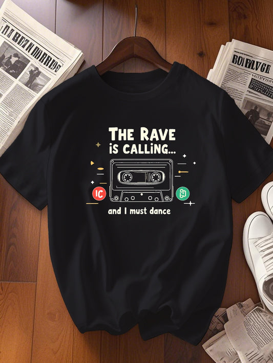 Women's Black Retro Rave Cassette & Dance Icons Graphic T-Shirt - "The Rave is Calling" Short Sleeve Crew Neck Top, Medium Stretch Casual Tee for Summer & Spring, Machine Washable, Rave Accessories, Spring Fashion Top, Playfu