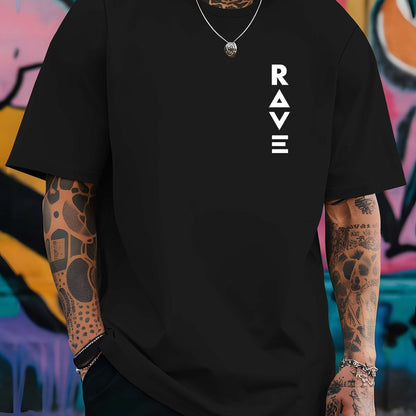 R V Men's Short Sleeve T-Shirt - Vibrant Yellow with Bold RAVE Graphic Print, Breathable Round Neck Casual Top for Summer Beach Resorts & Outdoor Activities
