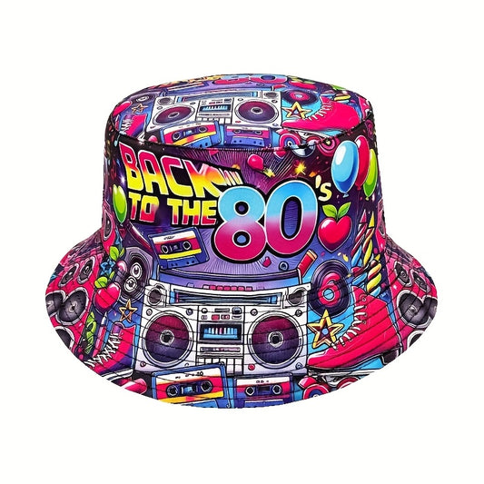 1pc "Back to the 80s" Retro Hip-Hop Bucket Hat - Vibrant Neon & Retro Graphic Design, Lightweight Polyester, Machine Washable, Perfect for Parties, Outdoor Events, and Gifts, Outdoor Headwear | Retro Hip Hop Style | Durable H