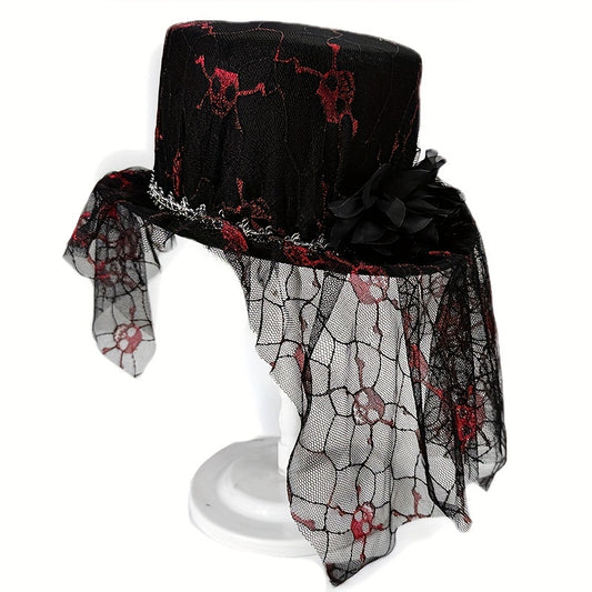 [Halloween Skull Lace Top Hat] Halloween Skull Lace Top Hat with Black Mesh Veil - Perfect for Costume Parties, Festivals, Christmas Events & Party Supplies