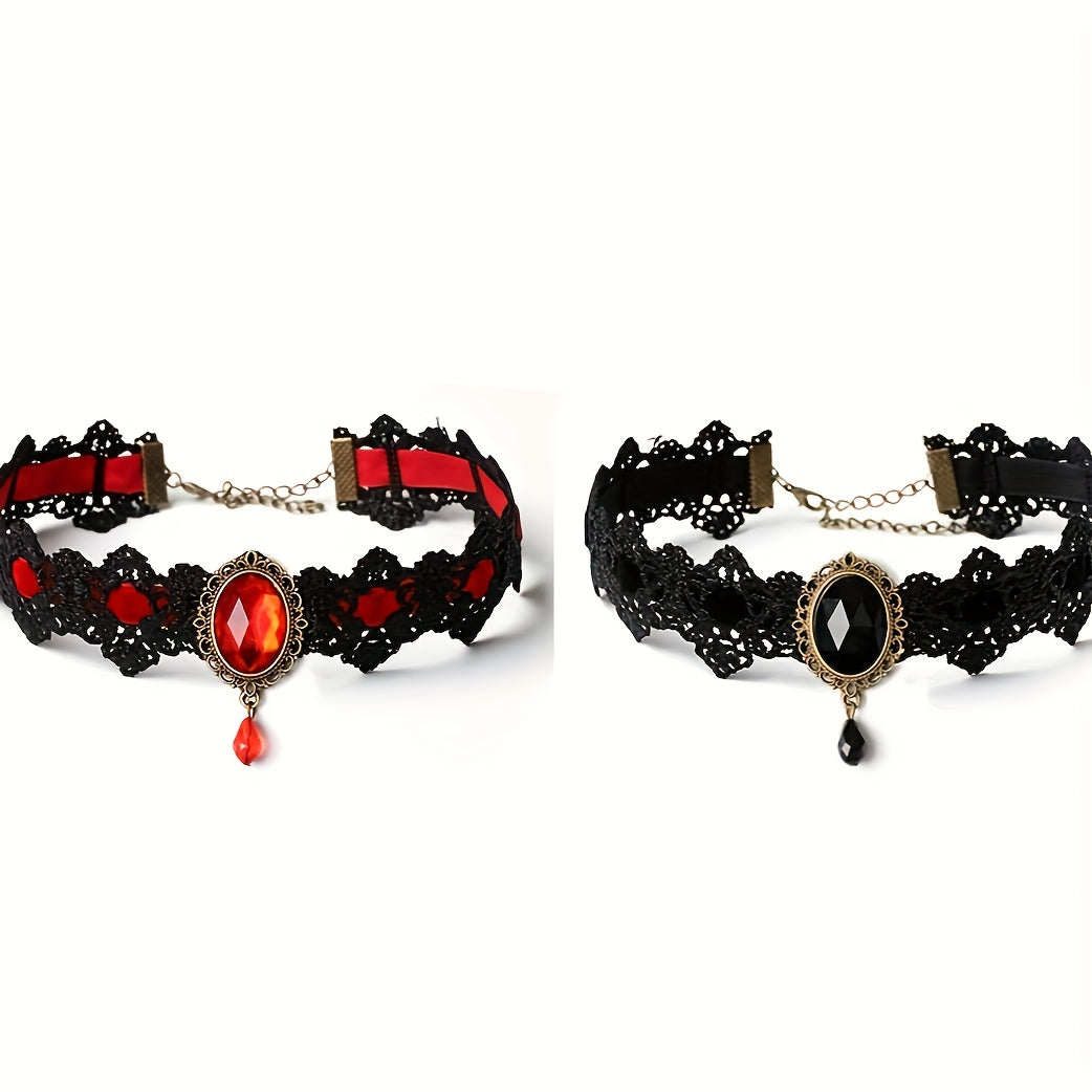 Gothic Lace Choker Necklace with Rhinestone, Adjustable Clavicle Jewelry, Women'S Fashion Collar, Gift for Parties, Halloween, All-Season Accessory