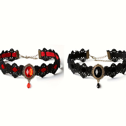 Gothic Lace Choker Necklace with Rhinestone, Adjustable Clavicle Jewelry, Women'S Fashion Collar, Gift for Parties, Halloween, All-Season Accessory