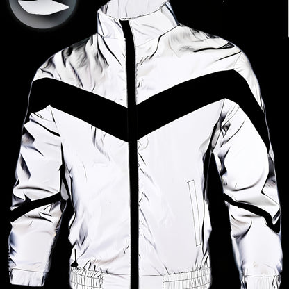 Men'S Reflective Windproof Hooded Jacket - Lightweight Zip-Up Outdoor Running & Cycling Coat with Stand Collar, Polyester Lining, and Adjustable Cuffs for Enhanced Visibility in the Rain or Cold Weather, Windbreaker Jacket
