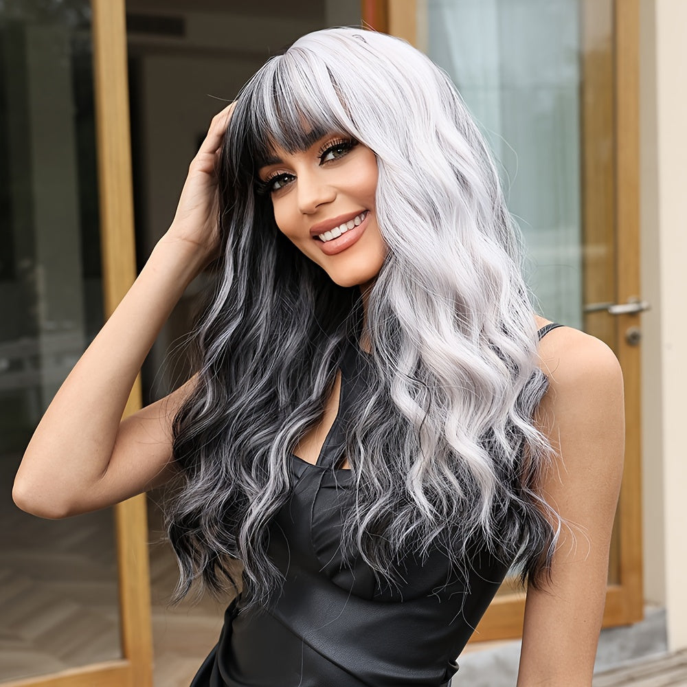 Elegant 22-Inch Two-Tone Black & White Wig for Women - Water Wave Synthetic Hair with Bangs, Perfect for Cosplay & Daily Fashion