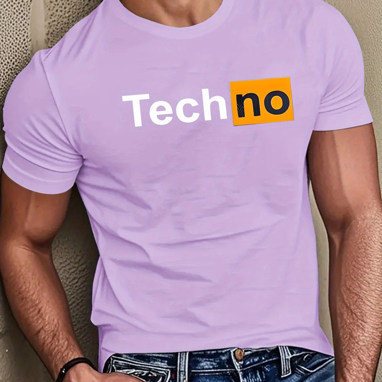 Men's Casual Summer T-Shirt - Soft Breathable Fabric with Bold "Techno" Letter Print & Orange Accent, Ribbed Collar, Regular Fit for Casual Attire, Summer T Shirts, Classic Round Neckline, Comfortable Tee Construction