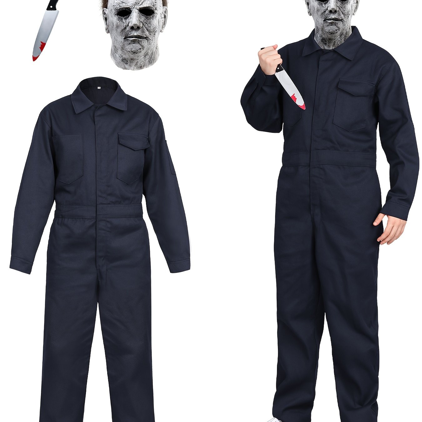 Men's Horror Movie Costume - Full Zipper Closure Work Overalls Jumpsuit, Halloween Jason Voorhees Outfit, Navy Blue Cosplay Suit for Themed Parties & Horror Events - Easy-to-Wear One-Piece Apparel, Easy Maintenance Clothing