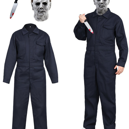 Men's Horror Movie Costume - Full Zipper Closure Work Overalls Jumpsuit, Halloween Jason Voorhees Outfit, Navy Blue Cosplay Suit for Themed Parties & Horror Events - Easy-to-Wear One-Piece Apparel, Easy Maintenance Clothing