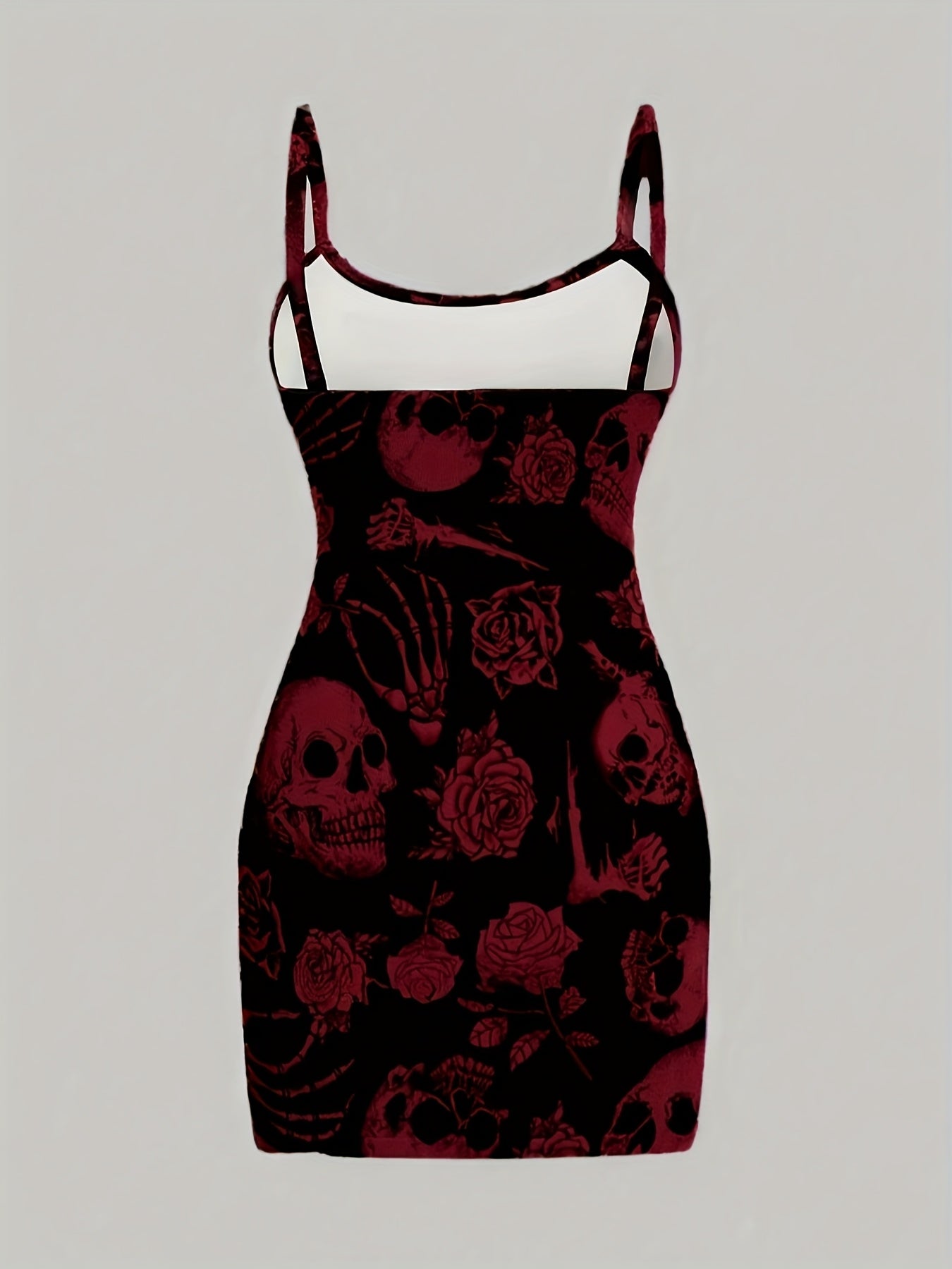 [Gothic Boho Mini Dress] Gothic Boho Women's Sleeveless Mini Dress | Black & White Skull & Floral Print, Spaghetti Strap, Round Neck, Machine Washable, Stretchy Party Outfit for Halloween, Casual & Themed Events
