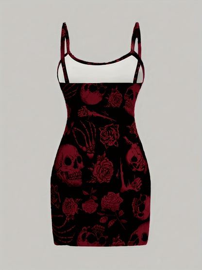 [Gothic Boho Mini Dress] Gothic Boho Women's Sleeveless Mini Dress | Black & White Skull & Floral Print, Spaghetti Strap, Round Neck, Machine Washable, Stretchy Party Outfit for Halloween, Casual & Themed Events