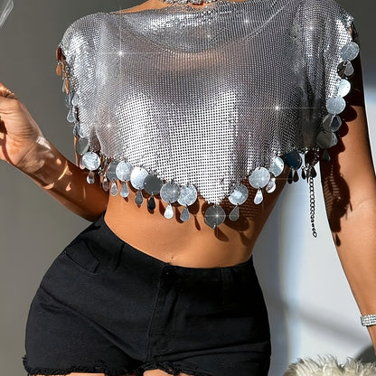 Elegant Sequin Off-the-Shoulder Top with Metallic Chain Detail - Sexy Backless Design for Women, Perfect for Parties and Casual Outfits, Party Wear | Glamorous Look | Decorative Chains