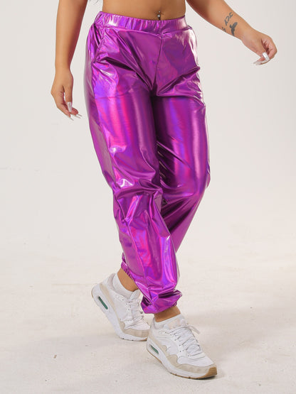Women's Vibrant Purple Casual Tapered Leggings with Elastic Waistband & Side Pockets - Medium-Stretch All-Season Comfort for Lounge, Workouts & Casual Attire, Leggings, Lounge Wear, Fashionable Jogger Style, Medium Elasticity