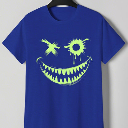Men's Neon Green Glow-in-the-Dark Mischievous Grin Face Graphic T-Shirt - Lightweight Summer Tee for Parties, Casual Attire & Costume Events - Non-Transparent Casual Shirt for Adults, Playful Design, Machine Washable Fabric