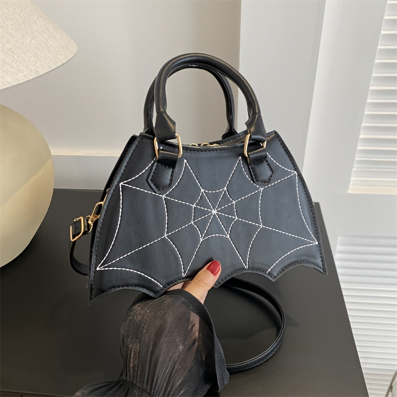 Halloween Women'S Bat Wing Spider Web Handbag - Lightweight Synthetic Faux Leather Tote with Geometric Spider Web Design, Zipper Closure & Detachable Strap, Gothic Style for Daily Use or Party Outfits, Durable Polyester Linin