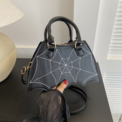 Halloween Women'S Bat Wing Spider Web Handbag - Lightweight Synthetic Faux Leather Tote with Geometric Spider Web Design, Zipper Closure & Detachable Strap, Gothic Style for Daily Use or Party Outfits, Durable Polyester Linin