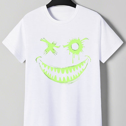 Men's Neon Green Glow-in-the-Dark Mischievous Grin Face Graphic T-Shirt - Lightweight Summer Tee for Parties, Casual Attire & Costume Events - Non-Transparent Casual Shirt for Adults, Playful Design, Machine Washable Fabric