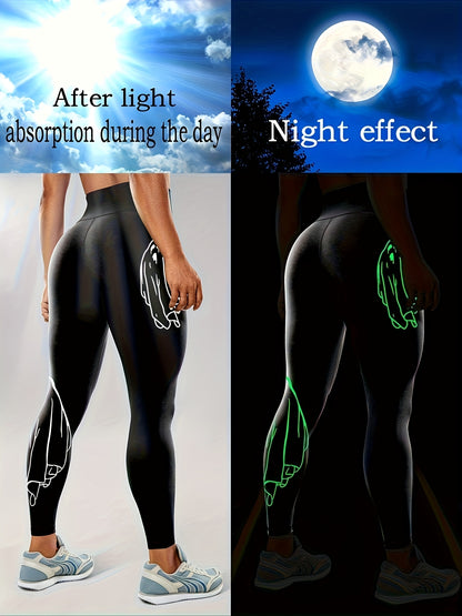 Halloween Fluorescent Skeleton Hands Printed Sports Yoga Leggings, High Waist Workout Running Sports Tight Pants, Women's Activewear Carnaval for carnival & Music Festival