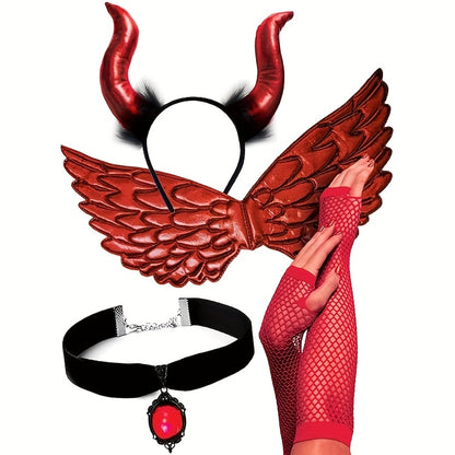 [Halloween] 4pcs Halloween Devil Costume Set, Red Sexy Halloween Costumes Demon Horn Headband, Demonic Wings, Antique Like Pendant Collar Necklace, Lace Arm Sleeves Cosplay Costume Accessories for Women
