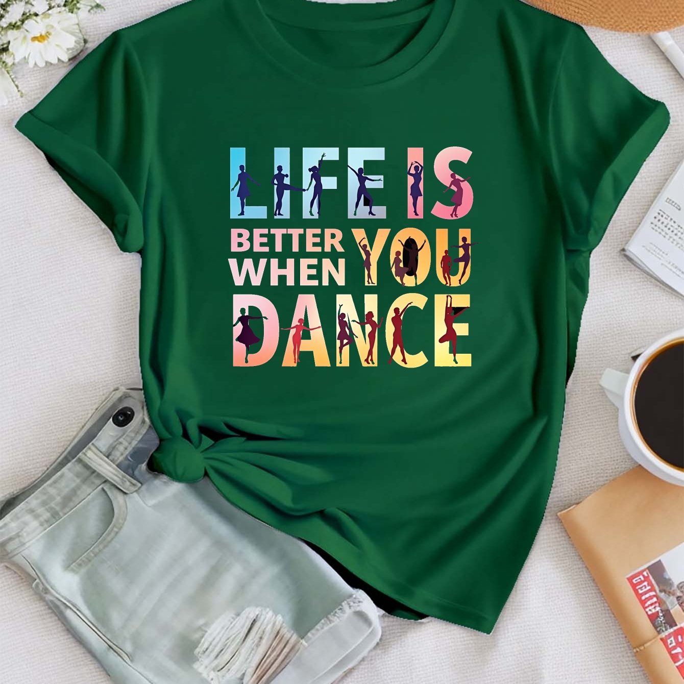 Women'S "Life is Better When You Dance" Graphic Tee - Casual Crew Neck Short Sleeve Top, Vibrant Geometric Print, Polyester Blend, Perfect for Spring & Summer, Dance Clothing