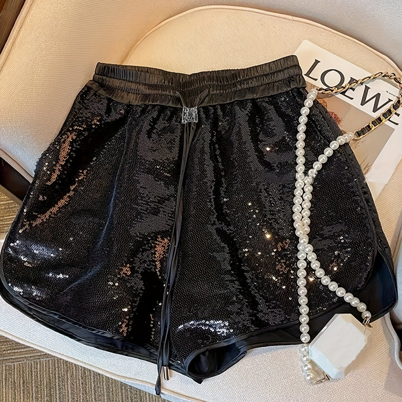Women's Black Sequin Shorts with Elastic Drawstring Waist - Summer Sparkle Shorts for Casual & Formal Occasions, Non-Stretch Fabric, Hand Wash/Dry Clean