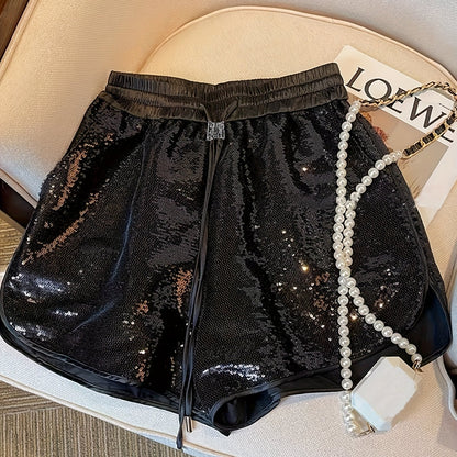 Women's Black Sequin Shorts with Elastic Drawstring Waist - Summer Sparkle Shorts for Casual & Formal Occasions, Non-Stretch Fabric, Hand Wash/Dry Clean
