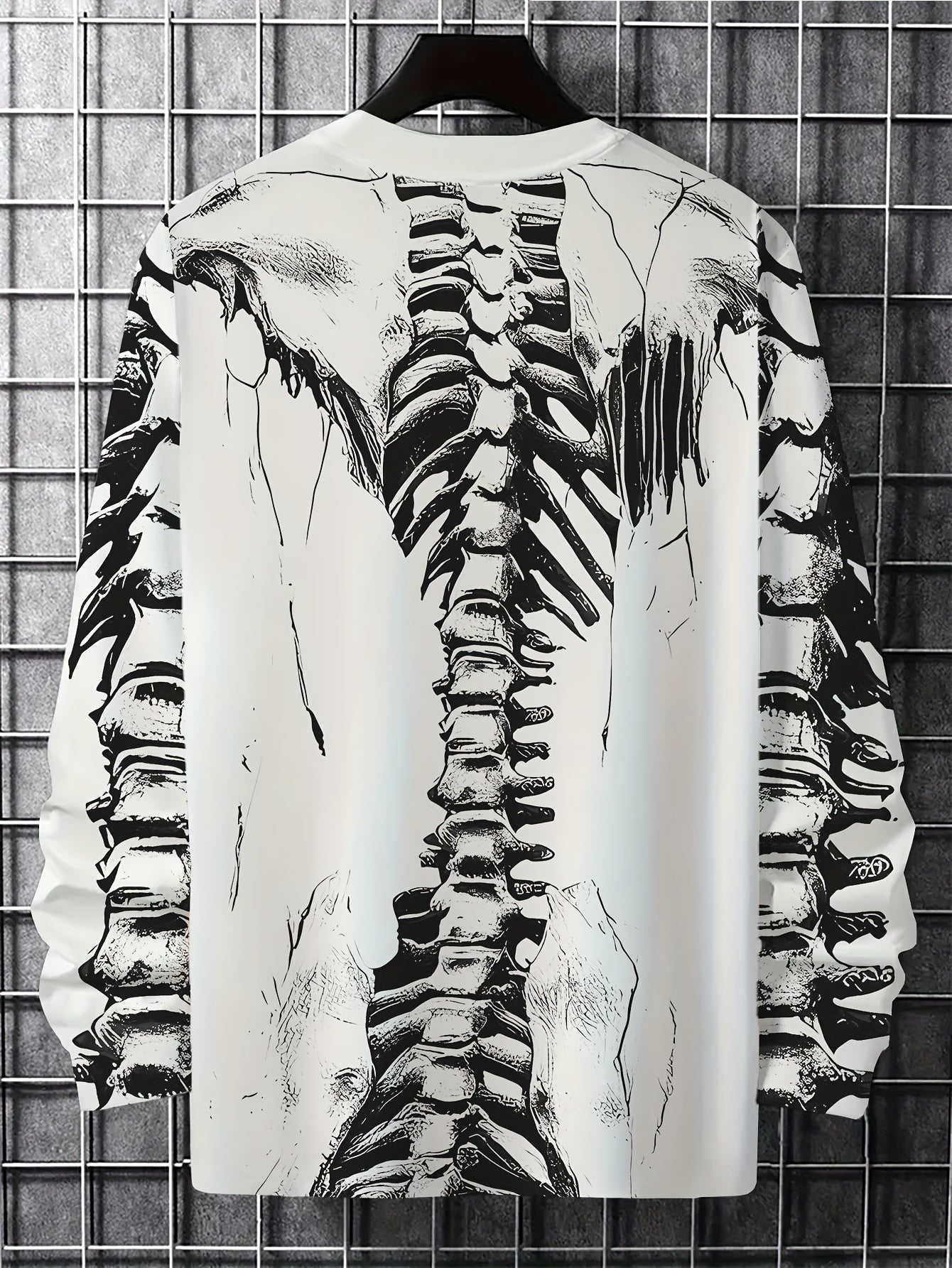 [Stretchy Skeleton Tee] Stretchy Polyester Blend Men's Casual Long Sleeve T-Shirt with Skeleton Ribcage Design | White, Round Neck, All-Season Comfort Fit, Bold Graphic Tee