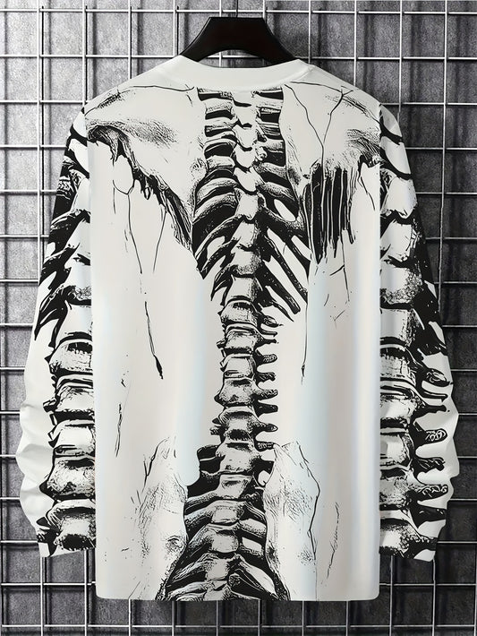 [Stretchy Skeleton Tee] Stretchy Polyester Blend Men's Casual Long Sleeve T-Shirt with Skeleton Ribcage Design | White, Round Neck, All-Season Comfort Fit, Bold Graphic Tee
