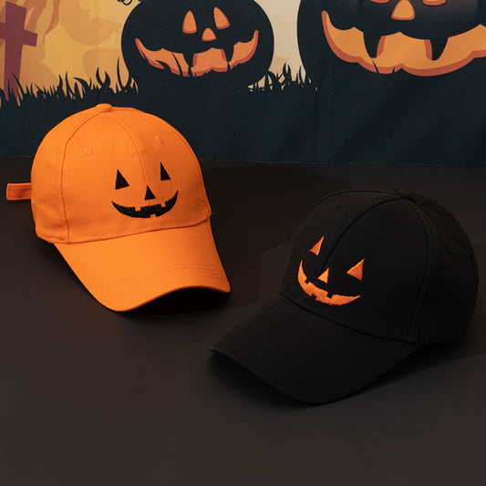 One Pumpkin Color, Black Contrast Color joyful Face, Embroidery Party Street Style Baseball Cap, Halloween Role Playing Wear, Men's and Women's Casual Dad Hat