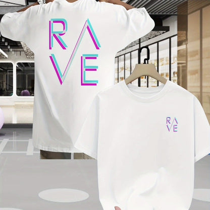 Men'S Summer Casual RAVE Graphic T-Shirt - Black with Pink & White Neon Print, Short Sleeve, Round Neck, Lightweight Polyester Blend, Perfect for Casual Attire, Everyday Tshirt | Round Neck Shirt | Comfortable Fit