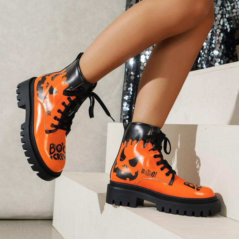 Trendy Plus Size Women's Halloween Print Lace-Up Boots - Thick Low Heel Round Toe PU Cover Short Boots with Rubber Sole, All-Season Comfort for Casual & Festive Occasions