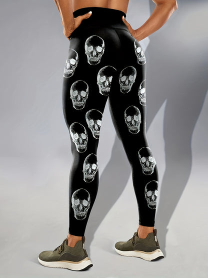 [Glow Halloween Leggings] Stretchy, Comfortable Glow-in-the-Dark Halloween Skull Print High Waist Yoga Leggings for Women | Black Sports Pants for Nighttime Workouts or Casual Wear, Casual Sportswear