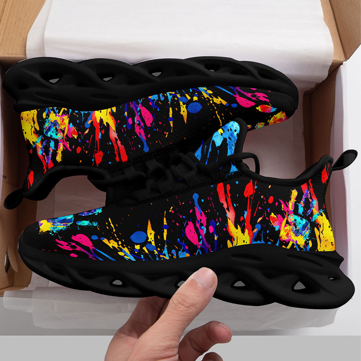 Men'S Fashion Casual Sneakers with Colorful Splatter Design - Ultra-Light Twist Sole, Comfortable Trainers for Running, Travel & Streetwear | Trendy Low-Top Lace-Up Shoes in Black with Vibrant Splash Pattern, All-Season Wear,