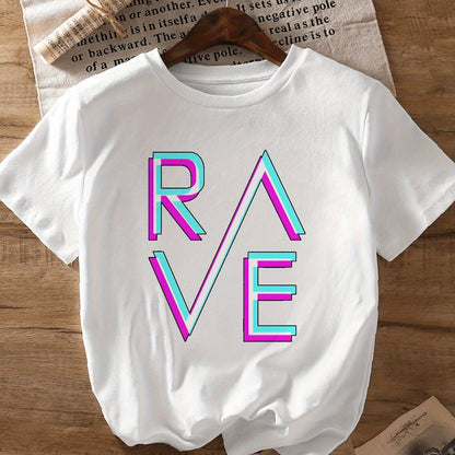 Women's Slim Fit RAVE Graphic T-Shirt - White Casual Short Sleeve Round Neck Polyester Top with Vibrant Pink & Blue Lettering, Machine Washable for Casual Attire & Parties, Party Outfit, Modern Aesthetic, Smooth Texture