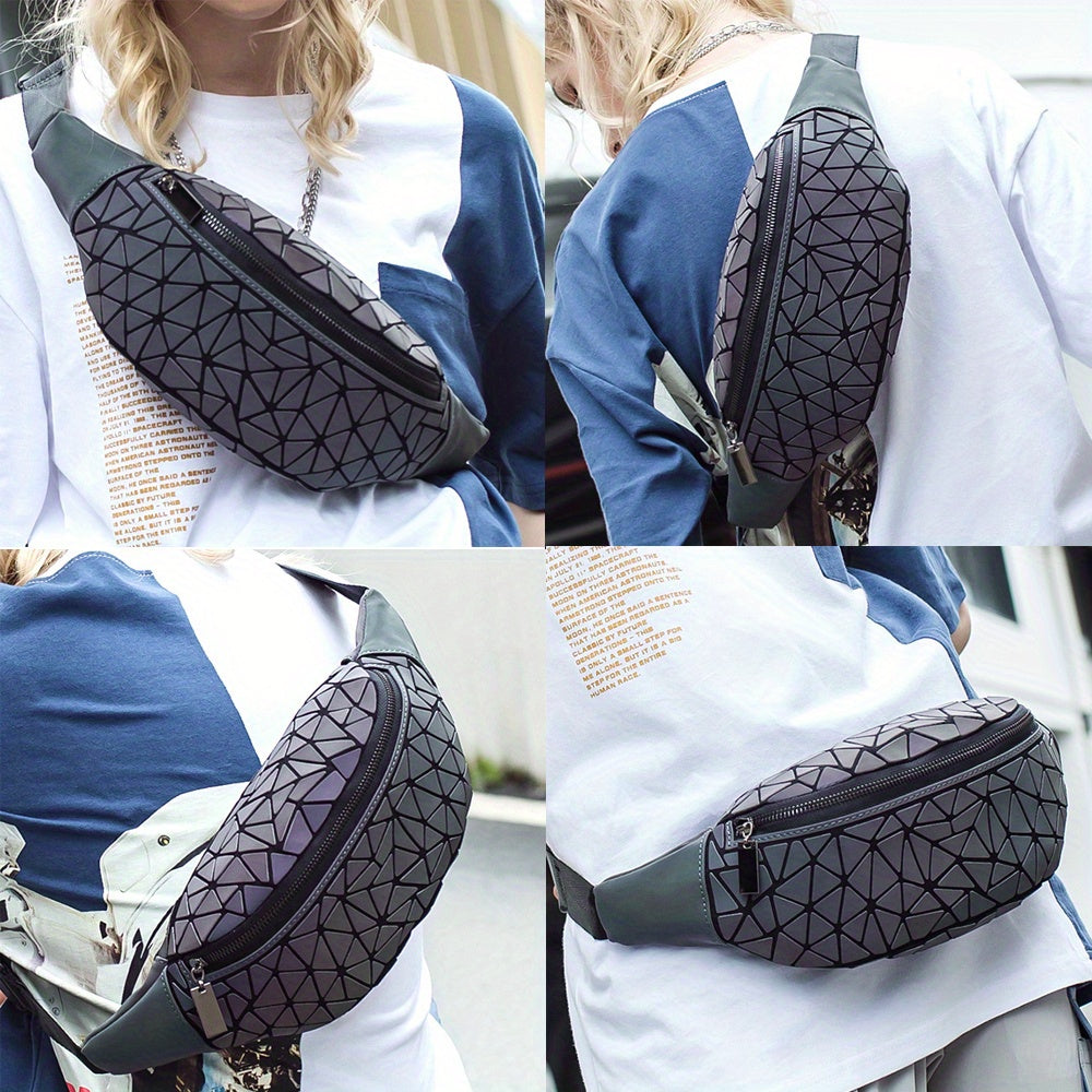 Holographic Belt Bag for Women & Men - Geometric Pattern, PVC Material, Zipper Closure, Unlined, White/Black/Blue/Gray, Perfect for Travel, Running, Sports & Festivals