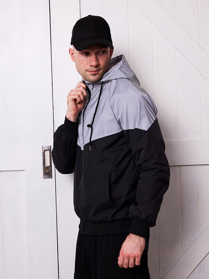 Men's Reflective Windproof Hooded Jacket - Stylish Black & White Gradient Design, Soft Shell for Spring/Fall Sports, Casual Loose Fit with Pockets, Windbreaker Jacket