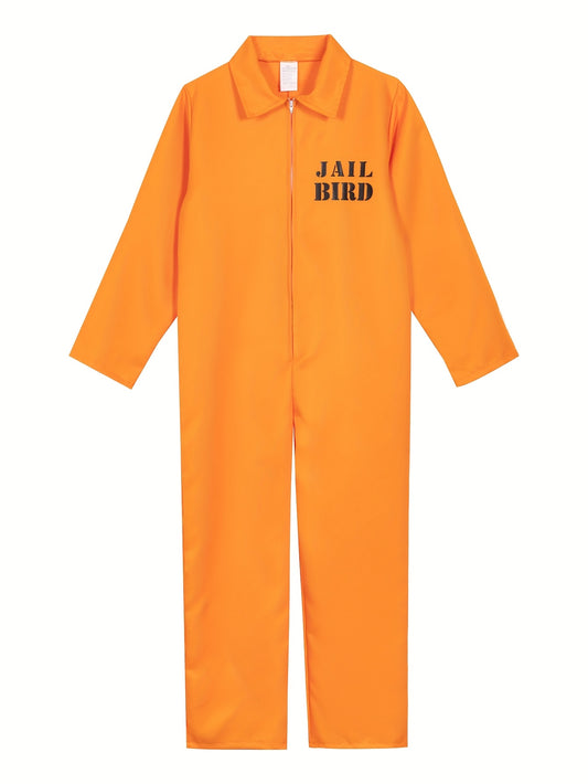 Men's Prison inmate Costume - Bright Orange Jail jumpsuit Onesie with Front Zipper, Halloween, Easter, Cosplay Party Outfit - Non-Stretch Fabric for Themed Events & Prison Roleplay - Easy to Clean, Simple Design, Comfortable